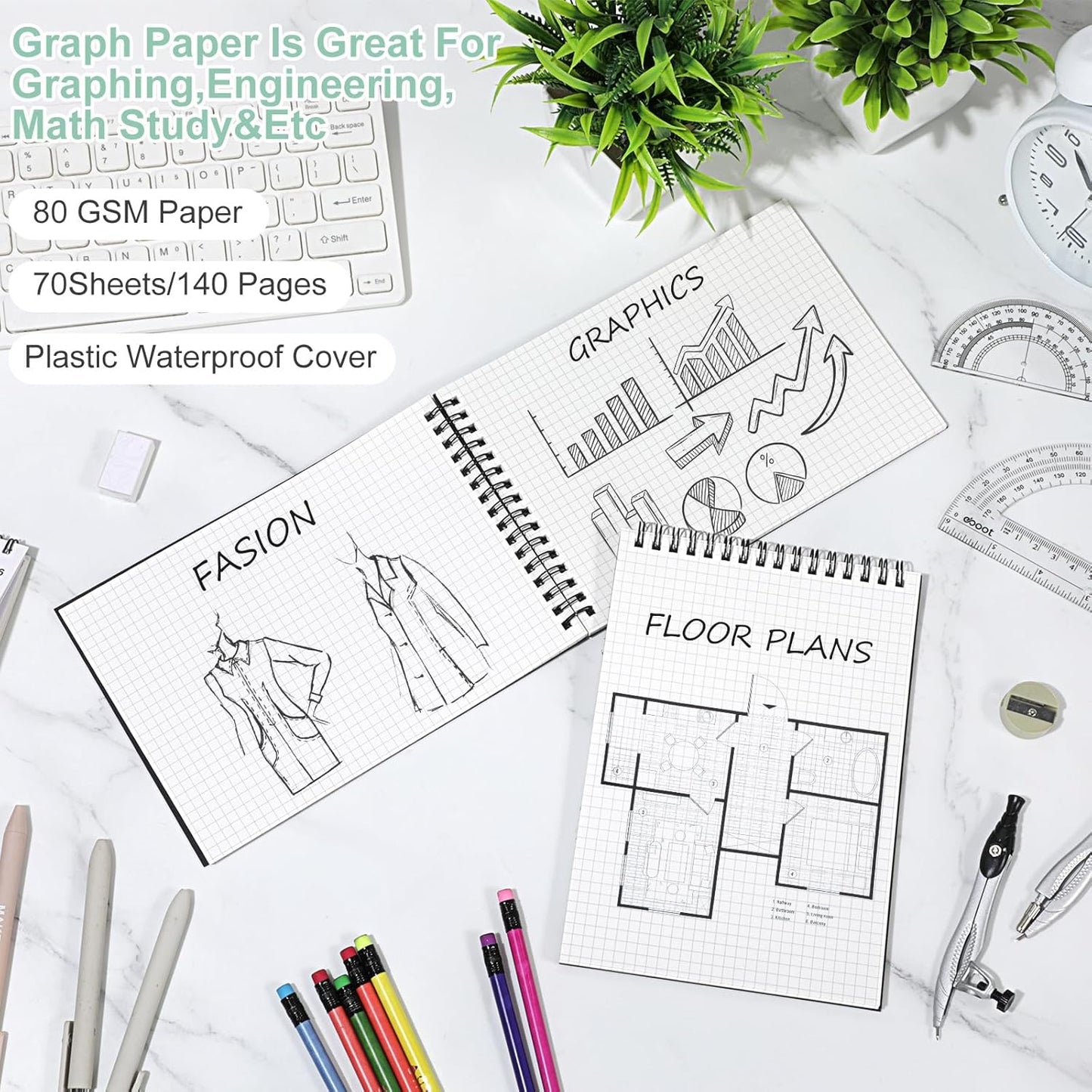 Engrowtic 6 Pack Graph Paper Spiral Notepad A5 Top Wirebound Notepad Grid Notebook Steno Pad Memo Notebook Grid Paper 140 Pages for Writing Sketching Drawing Office Supply (Black)