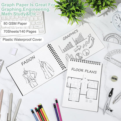 Engrowtic 6 Pack Graph Paper Spiral Notepad A5 Top Wirebound Notepad Grid Notebook Steno Pad Memo Notebook Grid Paper 140 Pages for Writing Sketching Drawing Office Supply (Black)