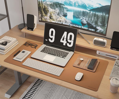 RENMTURE Desk Pad, Cork & PU Leather Desk Mat, Large Mouse pad, Non-Slip Desk Protector and Blotter, Waterproof Writing Pad, Desk Accessories and Organizers for Home Office (Light Yellow, 32"x16")