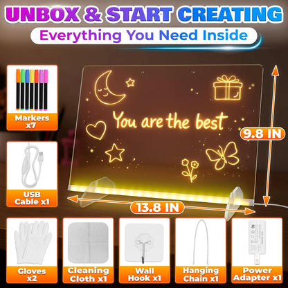 Upgraded 16-Inch LED Drawing Board Rechargeable – 7 Colors, 10 Lighting Effects, Adjustable Brightness – Acrylic Light Board for Tracing with Stand, Markers & Complete Set – Birthday Gift Idea (Black)