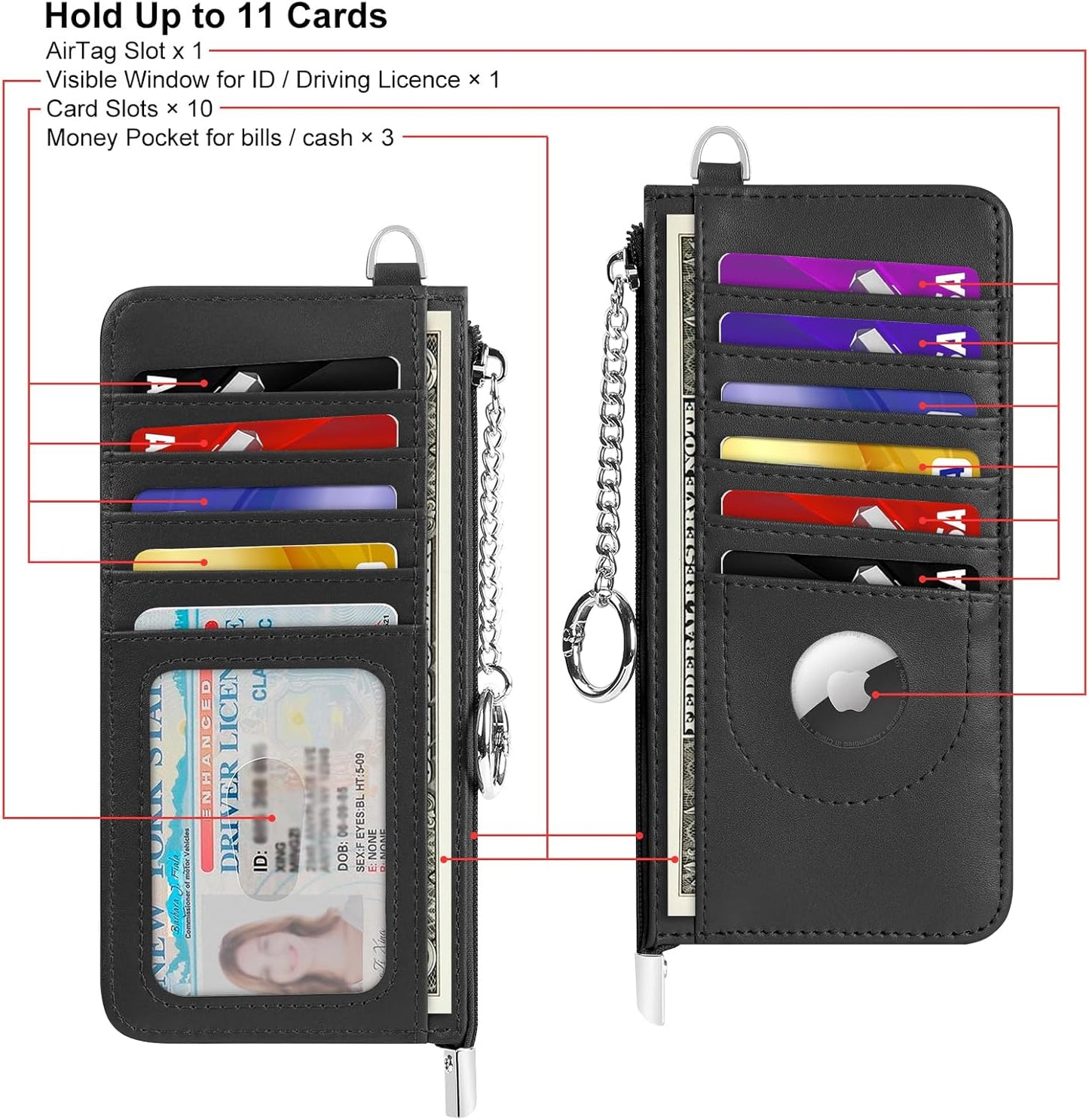 RFID Blocking Slim Credit Card Holder Wallet with Zipper Money Pocket & Keychain, Slim Airtag Wallet for Men Women