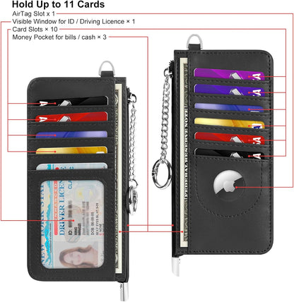 RFID Blocking Slim Credit Card Holder Wallet with Zipper Money Pocket & Keychain, Slim Airtag Wallet for Men Women