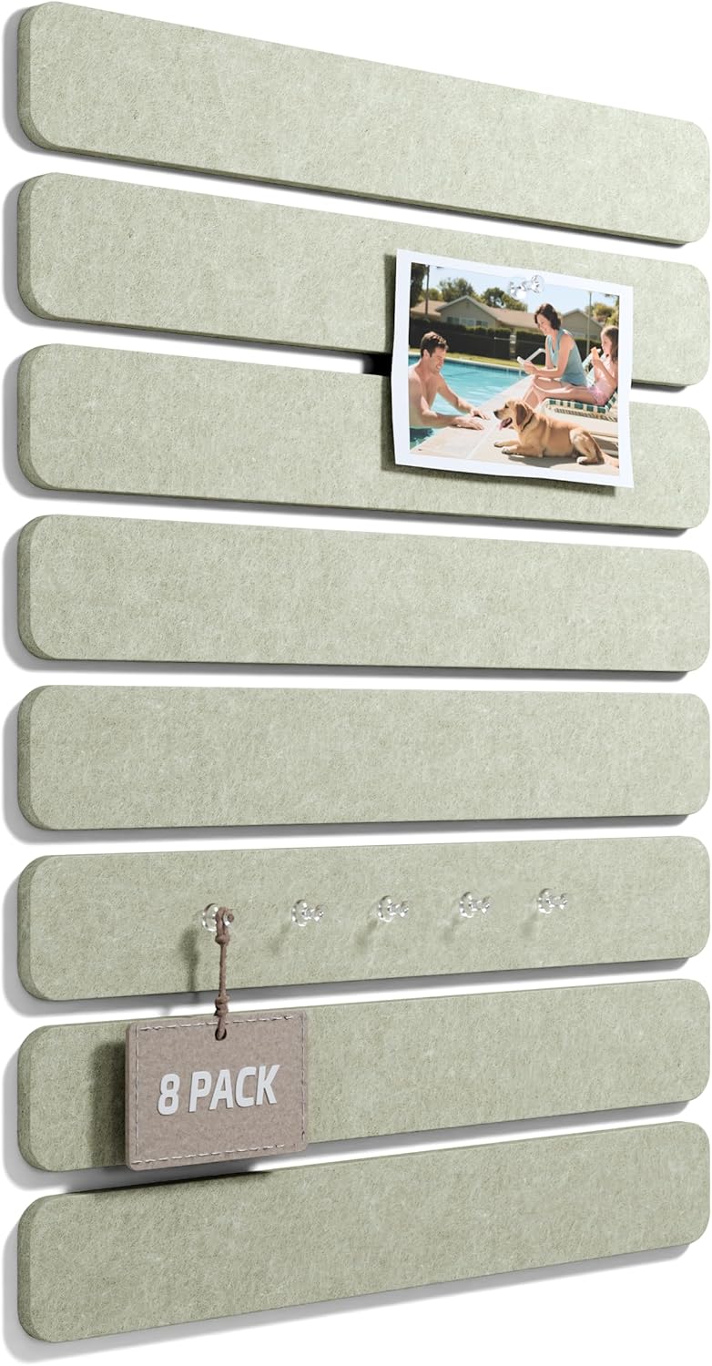 Fluxynara Cork Board Alternative Felt Strip Board 8-Pack 13"x2", Office Pin Board with 50 Push Pins, Adhesive Install for Bedroom Door & Home Office(Linen Dusk)