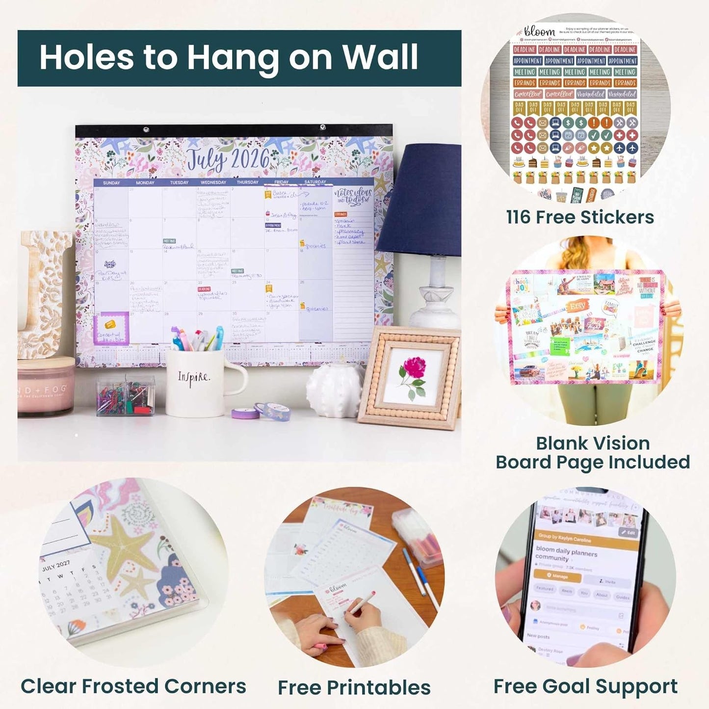 bloom daily planners Desk Calendar 2026-2027 - Academic Year Large Wall Calendar (July 2026 - July 2027) - 21” x 16” Desktop & Hanging Monthly Planner with Stickers for Home or Office - Seasonal