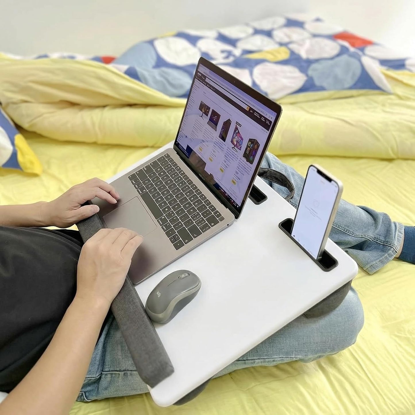 Lap Desk Home Office Lap Desk Portable Laptop Desk for Left Right - Handers with Whole Mouse Pad Wrist Pad Dual Cushion Phone Tablet Slots Fits Up to 17 Inch Laptops