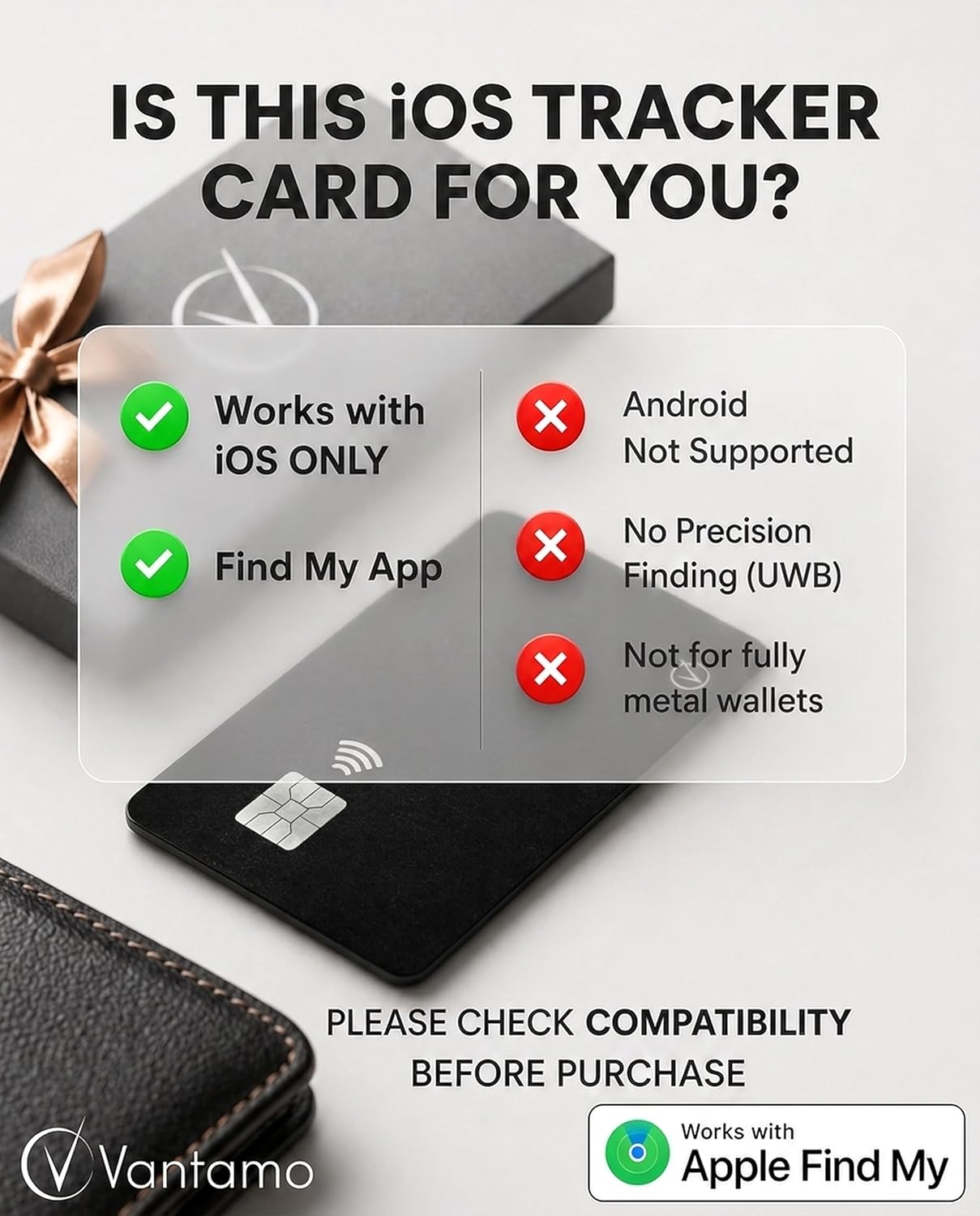 Vantamo Ultra-Thin Wallet Tracker Card, Apple MFi Certified, IP68 Waterproof Bluetooth Smart Card Wallet Tracker & Passport, Works with Apple Find My, Wireless Charging, iOS Only