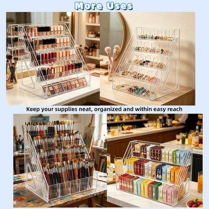 3-Tier Acrylic Desk Organizer, Multi-Slot Marker & Pen Storage Holder, Clear Vertical Desktop Stationery Rack for Small Art Supplies, Compact Office & Home Workspace Organizer