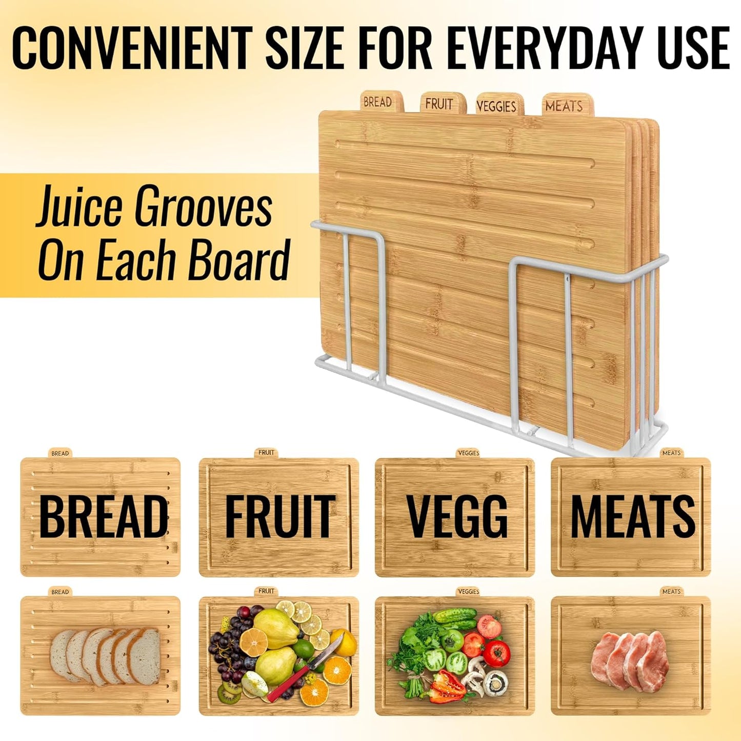 Acacia Cutting Boards for Kitchen with Holder 13" x 11" x 2.5" | Labeled Wood Cutting Board Sets | Large Wooden Cutting Board Set of 4 with Black Organized Stand | Non Toxic Chopping Board