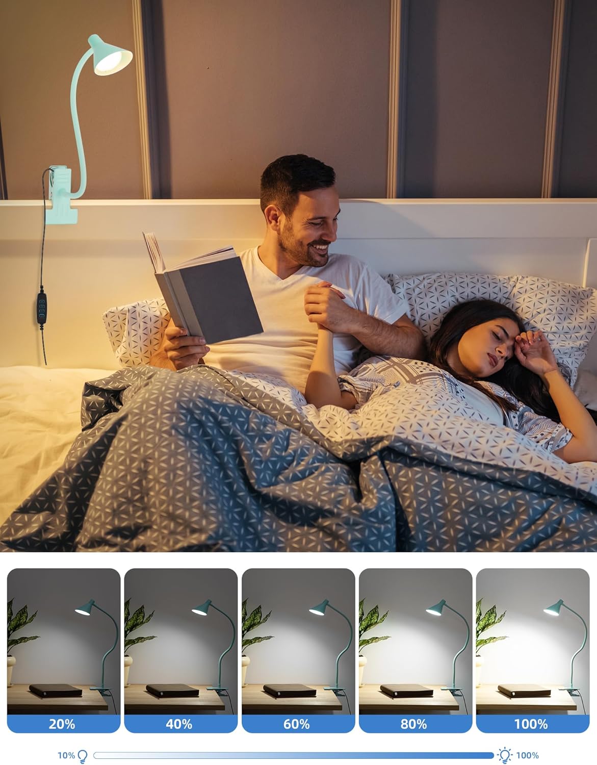 Clip on Light LED Reading Light for Books in Bed, Eye Care Dimmable Reading Lamp 3 Color & 10 Brightness Levels Flexible Clip on Lamp Reading Light for Bed Headboard Bedside Dorm Desk Table - Black