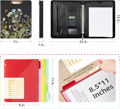 Ospelelf Zippered Padfolio Portfolio Folder, Leather Clipboard with Storage, 3 Ring Binder 1 Inch,12.1” Tablet Sleeve, 5 Dividers with Pocket, Refillable Notepad, Card Slot (Classic Black)