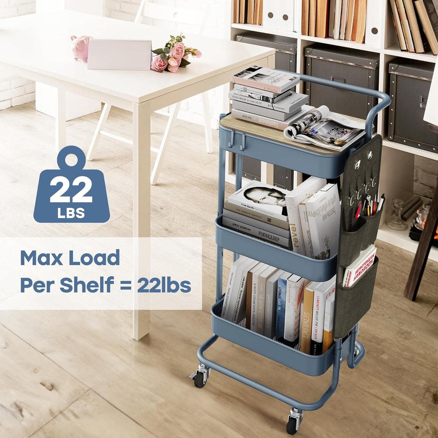 DTK 3 Tier Metal Utility Rolling Cart with Table Top and Side Bags, Tray Storage Organizer Wheels, Art Craft 4 Hooks for Kitchen Bathroom Office Living Room (Black)