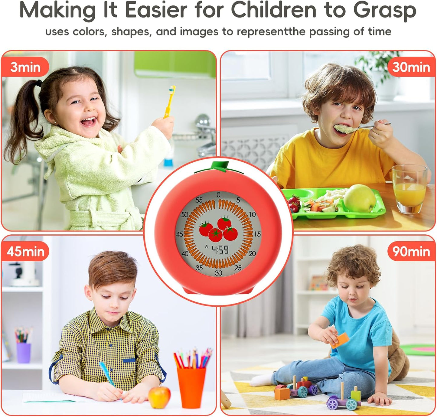 Tomato Visual Timer for Kids, 299 Minute Cute Pomodoro Countdown Timer, Kitchen Cooking Helper Timer with Pause Function, Clock and Alarm, Digital Timer for Classroom, Office and Meetings