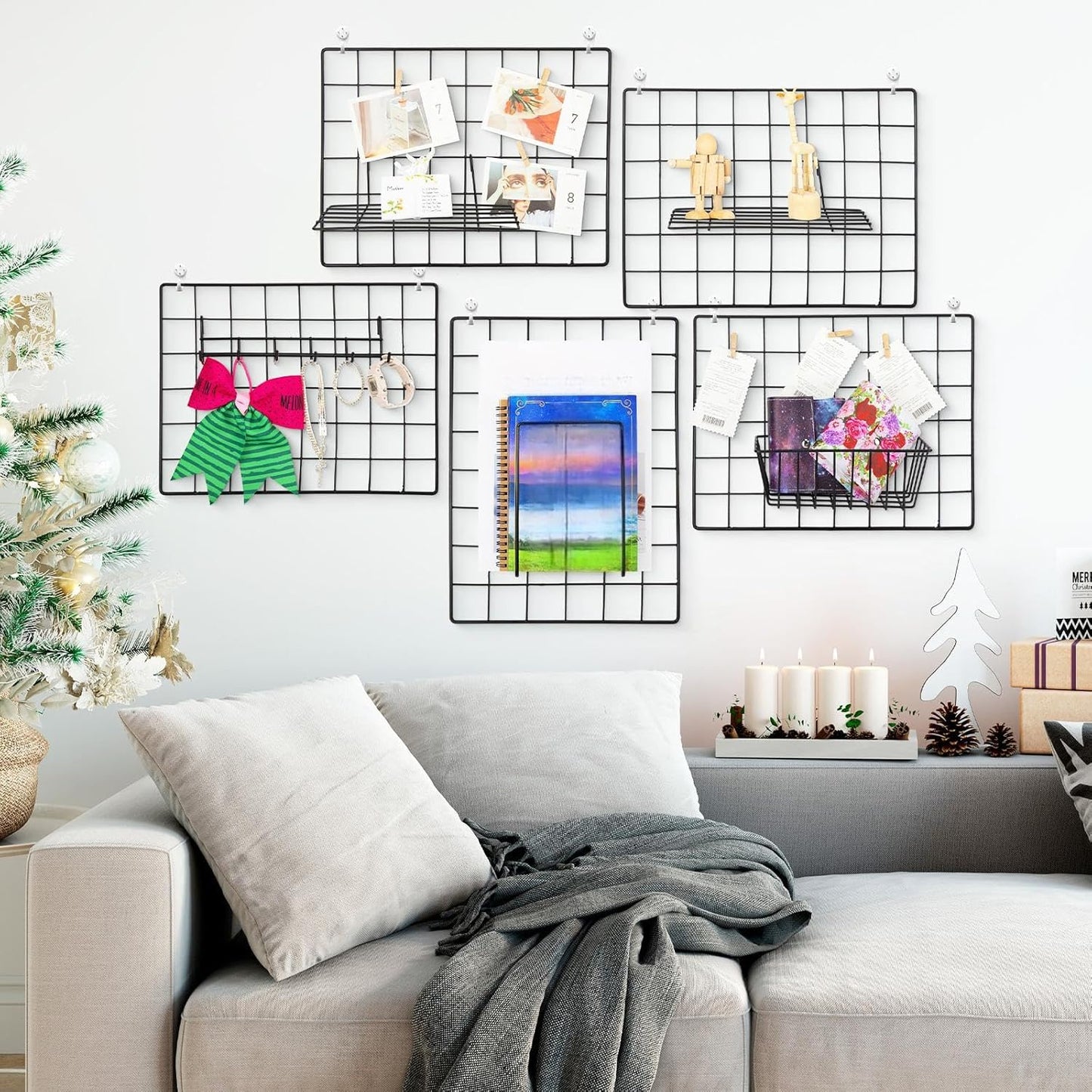 6 Pack 16 x 12 Inch Black Wall Grid Wire Panel with Accessories 1 Black Hanging Wire Basket, 1 Shelf, 1 Hook Rack, 2 Letter Sorter Shelf, 20 Clips, 12 Non Trace Nail, 2 Hemp Rope, Photo Home Decor