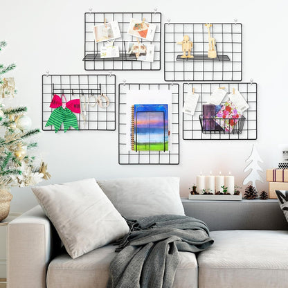 6 Pack 16 x 12 Inch Black Wall Grid Wire Panel with Accessories 1 Black Hanging Wire Basket, 1 Shelf, 1 Hook Rack, 2 Letter Sorter Shelf, 20 Clips, 12 Non Trace Nail, 2 Hemp Rope, Photo Home Decor
