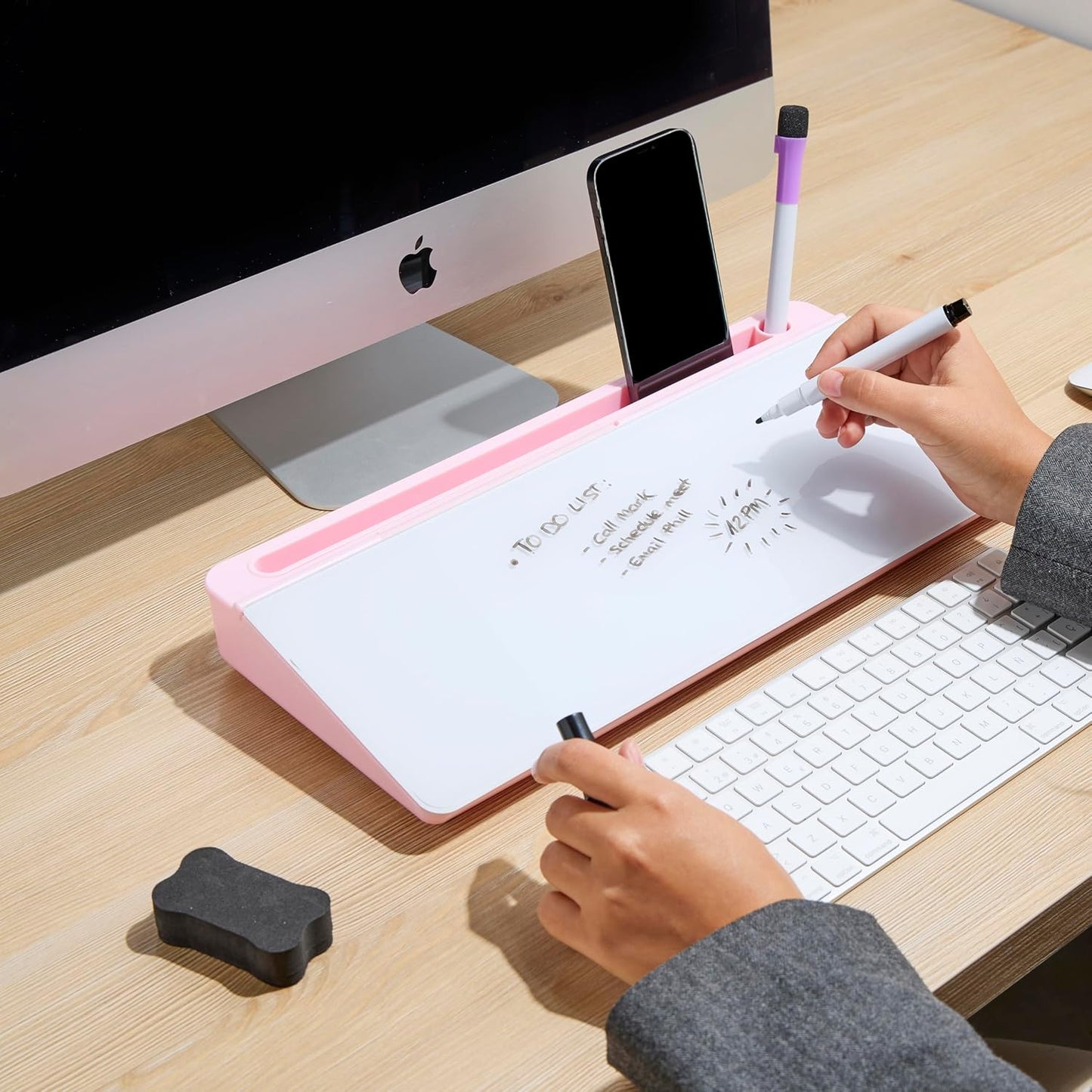 GAROOD Desktop Whiteboard with Storage Desk White Board Desk Board Glass White Board with Stand Home Office Organizer Phone Holder 15.8X7X2 inches