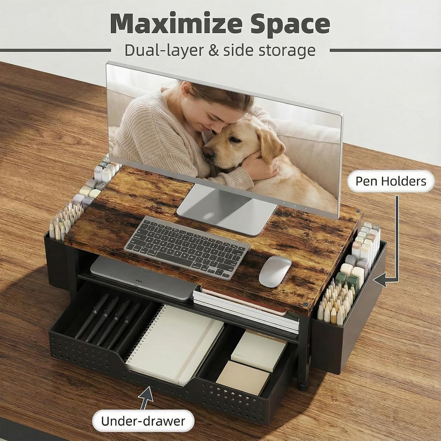 LEKETREE Wood Desk Organizer, 2-Tier Computer Monitor Stand Riser with Storage Drawer and 2 Pen Holders, Laptop & Printer Stand, Shelf for Top of Desk (Rustic Brown)