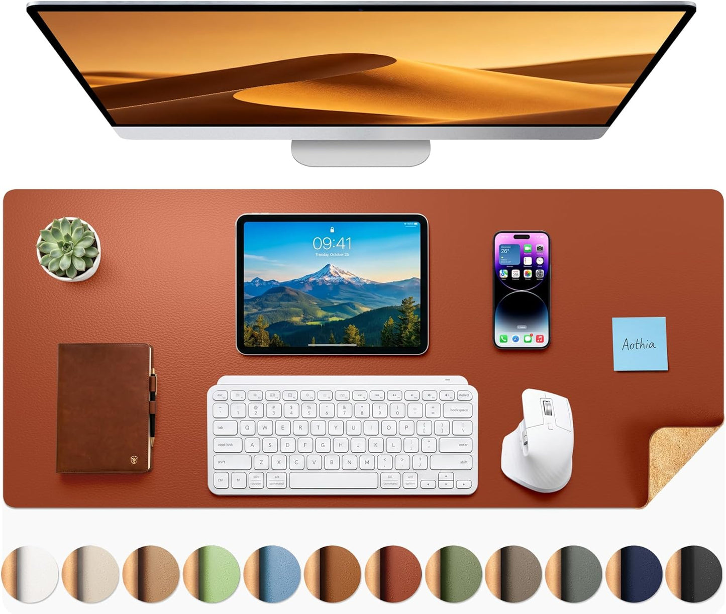 Aothia Dual-Sided Desk Pad - 25.6x13.7 inches Leather Desk Mat, Natural Cork Desk Pad Protector, Large Mouse Pad for Desk, Waterproof Desk Blotter Pad, Desk Writing Pad for Office Work/Home, Black