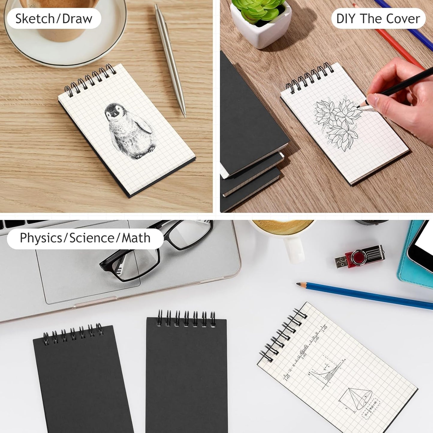 Jutom 2 Pcs Mini Pocket Notebooks Bulk 3x5 Graph Paper Top Spiral Notebook 120 Pages 80 Gsm Mini Grid Notepads for Personal Organizers Home Classroom Business Work Supplies (Kraft)