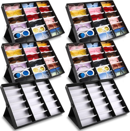 Soaoo 6 Pcs 18 Slot Sunglasses Organizer Storage Holder Eyeglasses Display Case Tray with Stand Fabric Lined Jewelry Storage Box