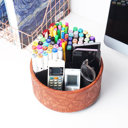 Round Leather Art Supply Organizer,Remote Control Holder,360 Degree Rotating,Multi-Functional Pencil Holder,4 Compartments Desktop Stationary Organizer(1-Fractal Flower) | Round - Colors C
