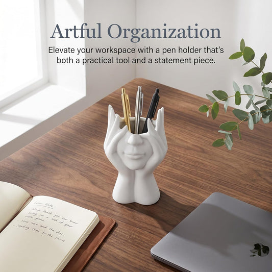 Pen Holder for Desk, Creative Face-Holding Art Sculpture Multi-Functional Organizer, Home Decor Figurine & Artificial Flower Vase Base, Desk Makeup Brush Holder, Unique Gift