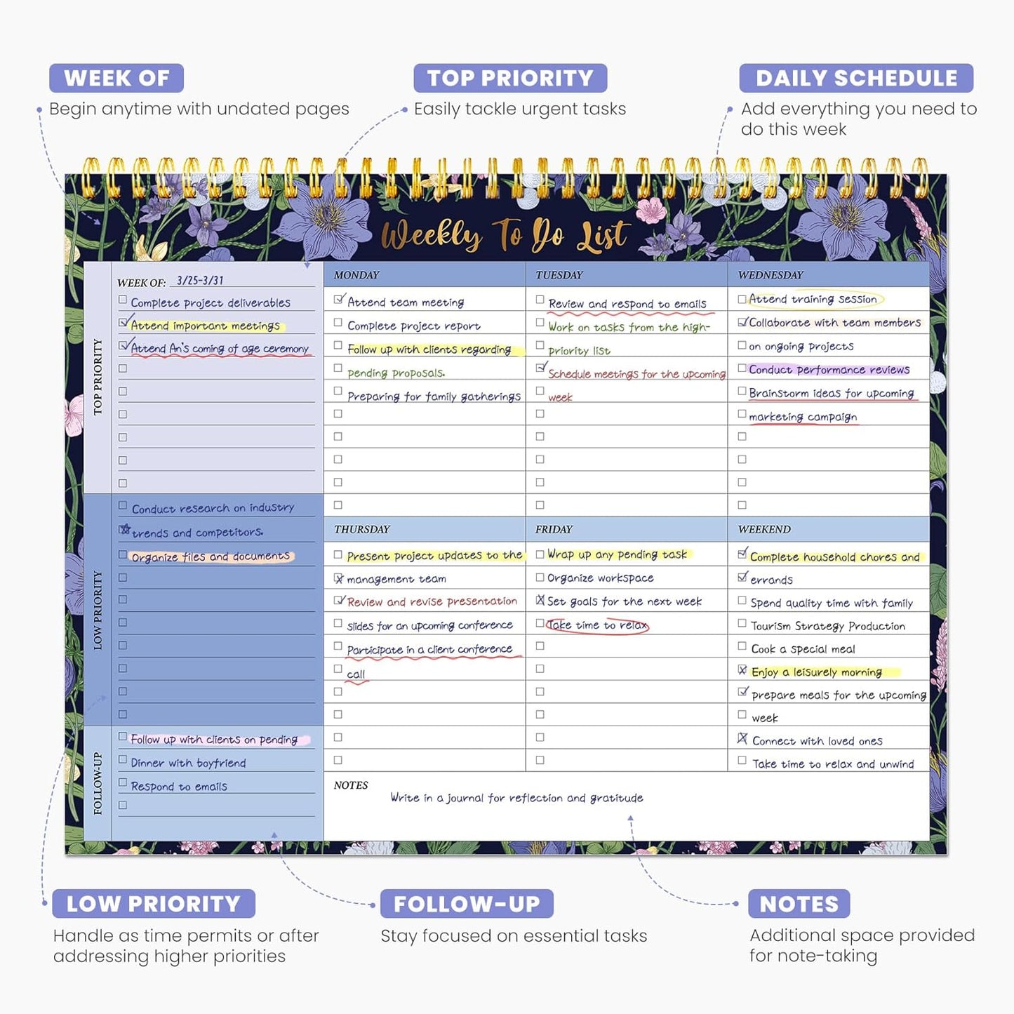 Weekly To Do List Notepad with 52 Undated Sheets（8.5"×11"）- Undated Weekly Planner Notepad for Office Desk Accessories and Supplies - Midnight Lilac