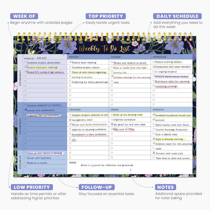 Weekly To Do List Notepad with 52 Undated Sheets（8.5"×11"）- Undated Weekly Planner Notepad for Office Desk Accessories and Supplies - Midnight Lilac