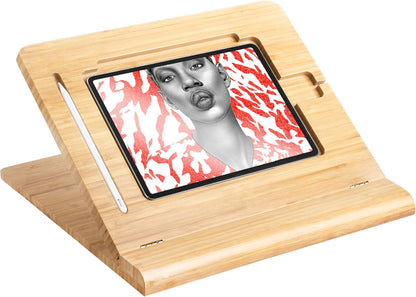ELETIUO Tablet Stand Holder Adjustable Foldable,Multi-Angle Bamboo Wooden Organizer Desktop Holder for iPad,Stable for Drawing,Watching,Typing (Support Multiple Devices)
