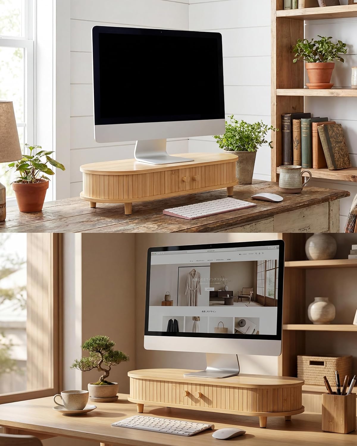 Bamboo Monitor Stand with Storage, Curved Computer Laptop Stand Desk Shelf Organizer with Sliding Doors (25 inch)