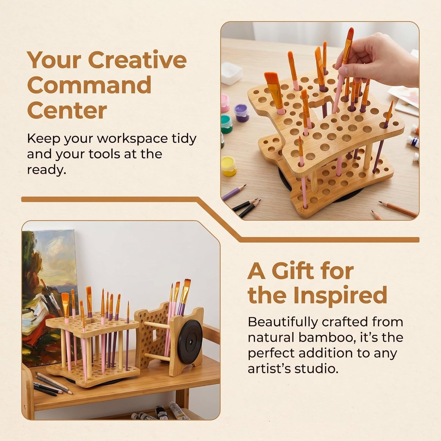 Cedilis 2 Pack Rotating Paint Brush Holder, 59 Holes Bamboo Paintbrush Holder Organizer for Pen, Pencil, Watercolor Brushes, Artist, No Assembly Required