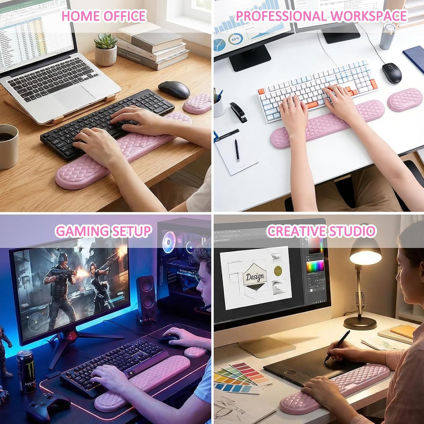 Wrist Rest for Keyboard and Mouse, Ergonomic Memory Foam Keyboard Set with Non-Slip Base, Soft Arm Cushion & Palm Support for Office, Home, Gaming & Laptop Typing, Reduces Fatigue & Strain, Black