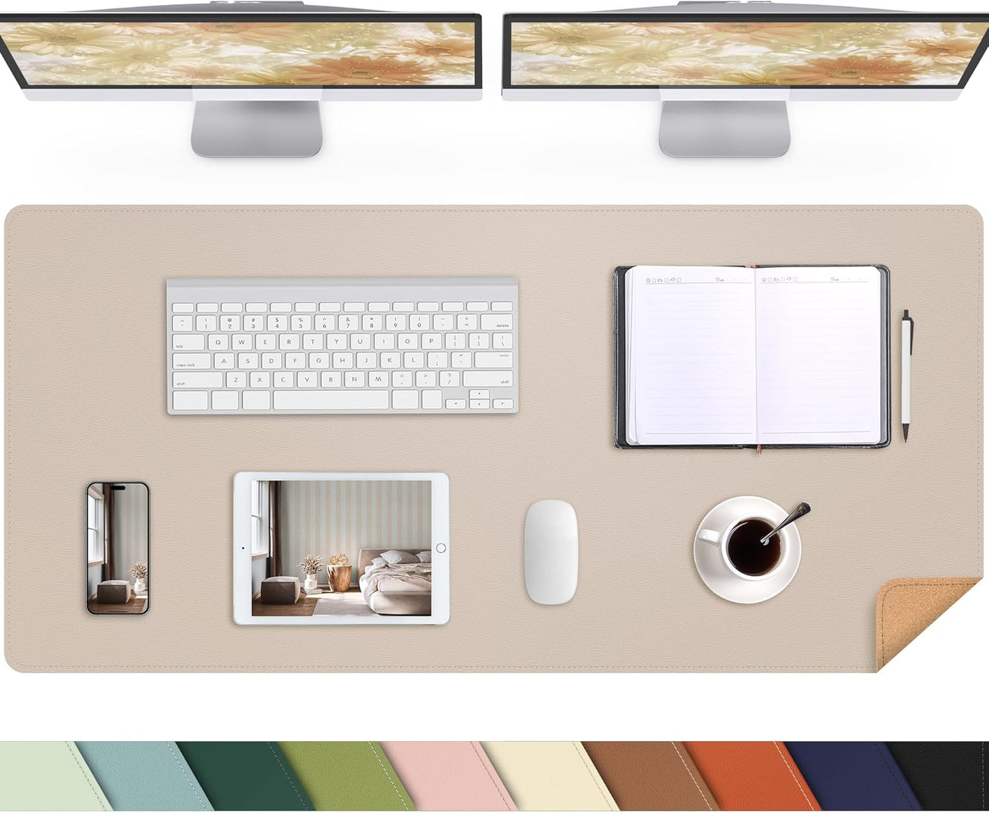 AFIING Large Desk Mat 47" x 17", Dual-Sided Natural Cork & PU Leather Desk Pad, Non-Slip Waterproof Mouse Pad for Office, Home & Gaming, Black