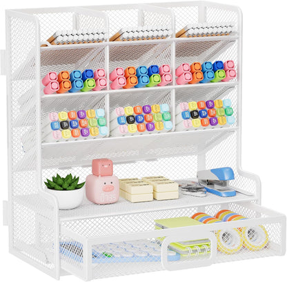 Marbrasse Larger Mesh Desk Organizer with Drawer, Multi-Functional Pen Pencil Holder, Easy Assembly, Desk Organizers and Accessories for Office Art Supplies (Black)