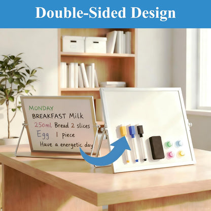 Small Desk Dry Erase Board with Stand, 10" x 10" Magnetic Double-Sided Desktop Whiteboard, 10 Markers, 4 Magnets & 1 Eraser, Portable Mini Whiteboard for Office, Kitchen, Home, School