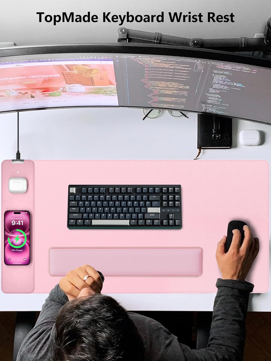 TopMade Keyboard Wrist Rest, Cooling Gel & Upgrade Soft Memory Foam Design Wrist Support for Keyboard, Full-Size Keyboard Hand Rest Pad, Ergonomic Palm Rest for for Long Hours of Work, Gaming, Black