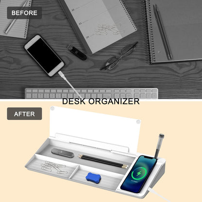 SELEAD Desktop Glass Whiteboard with Wireless Charger Station, Dry Erase Board Computer Pad Keyboard Stand with Organizer for Home, School, Office Desk Accessories, Black