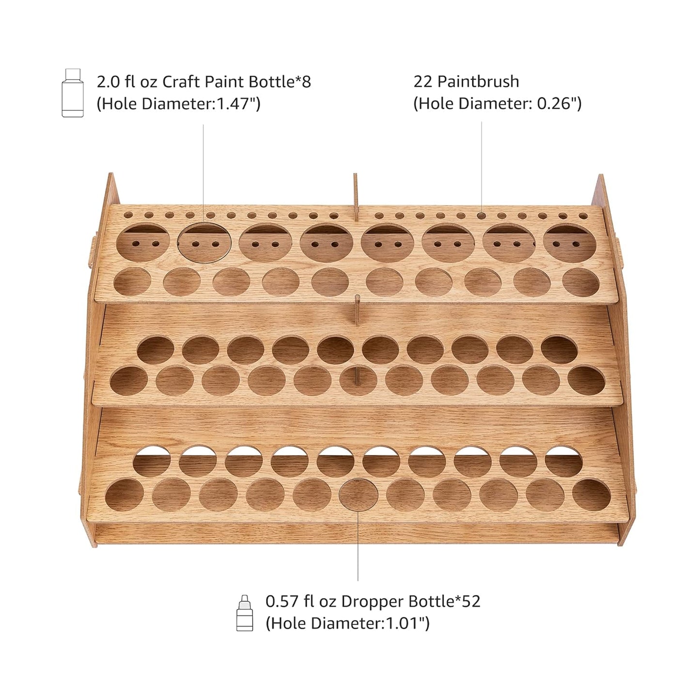 Amazon Basics Craft Paint and Brush Organizer Rack for Paint Bottles, Holds up to 60 Bottles and 22 Brushes, Wood Finish, 14 x 8 in, Light Brown