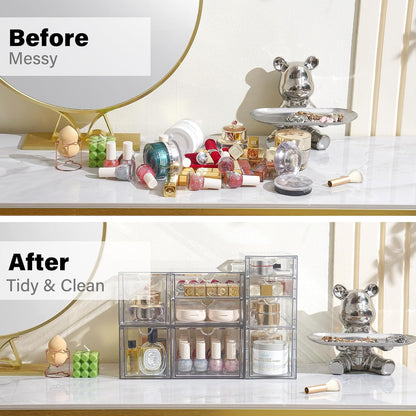 Prsildan Acrylic Drawer Makeup Organizer with 6 Drawers (Not for Baby Bottle), Set of 2 Office Desk Organizers Accessories, Clear Stackable Storage Drawers for Vanity, Craft (Largest Drawer 4" Tall)