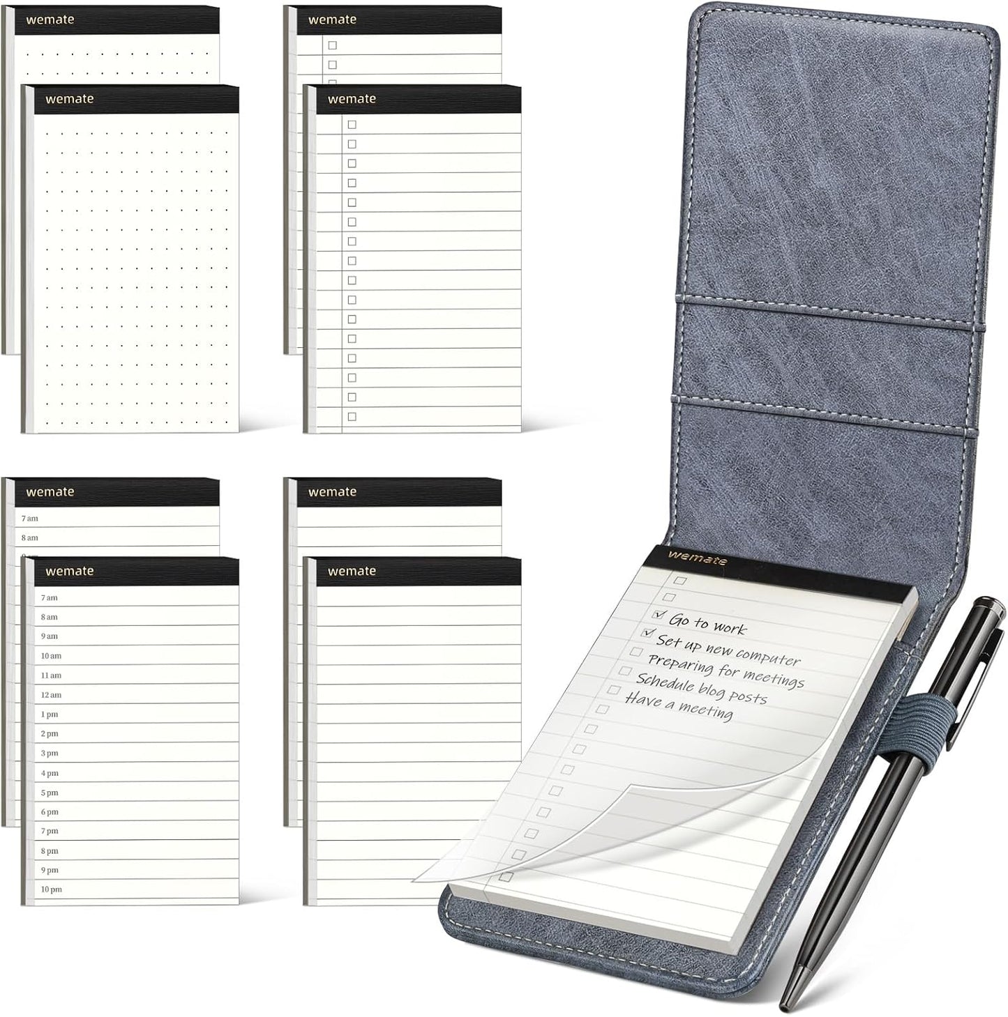 WEMATE 10 Pieces Notepad Holder Set Pocket Notebook - Included Mini Pocket Notepad Holder Set with 8 Memo Book Refills and Metal Pen for Meetings, Daily Records, and Notes 3 x 5 Inch (Brown)