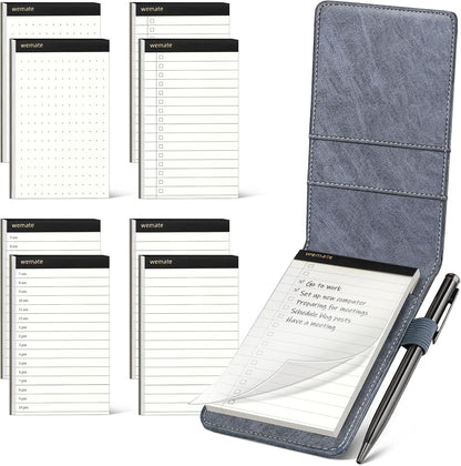 WEMATE 10 Pieces Notepad Holder Set Pocket Notebook - Included Mini Pocket Notepad Holder Set with 8 Memo Book Refills and Metal Pen for Meetings, Daily Records, and Notes 3 x 5 Inch (Brown)