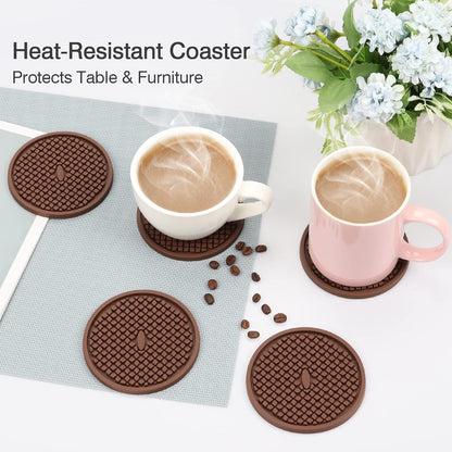 2 Pack Silicone Coasters for Drinks, Round Black Coaster with Deep Tray Grooved Design Cup Mat, Washable Heat Resistant Durable Non-Slip Coasters for Coffee Table Wooden Desk Kitchen Bar