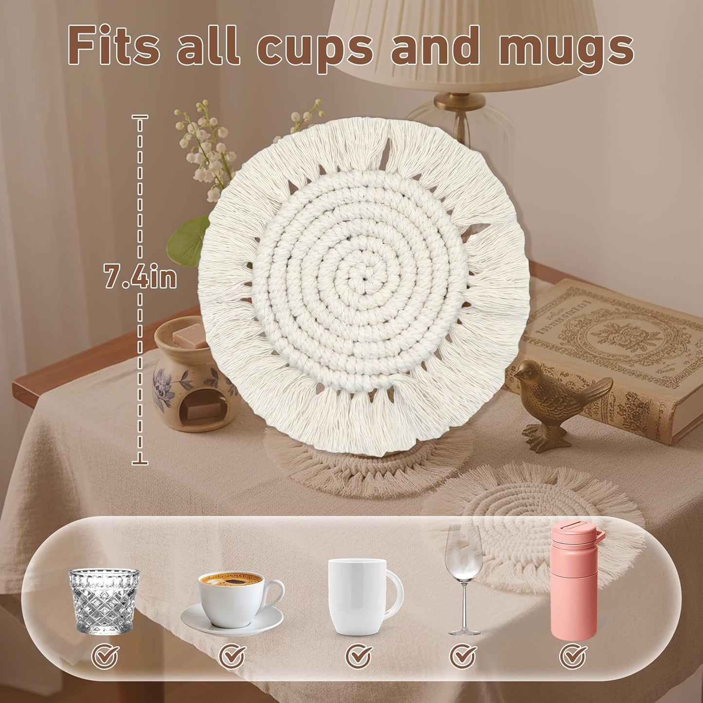 7.4in Boho Coasters for Drinks, Handmade Woven Absorbent Coasters for Desk, Farmhouse Cute Coaster for Mugs Cups - Gifts for Women, Beige