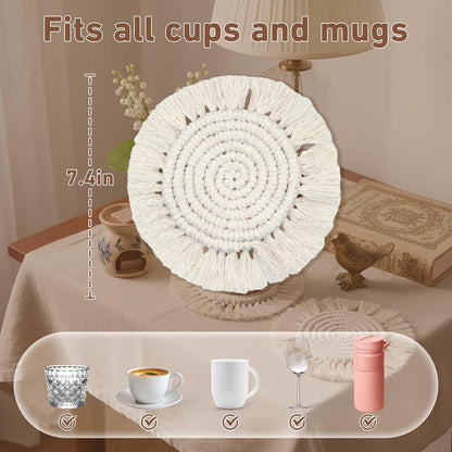7.4in Boho Coasters for Drinks, Handmade Woven Absorbent Coasters for Desk, Farmhouse Cute Coaster for Mugs Cups - Gifts for Women, Beige