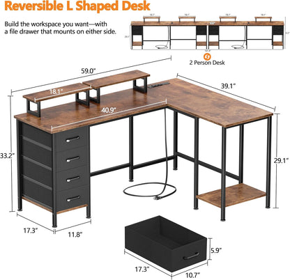 Korfile 59 inch L Shaped Computer Desk with Power Outlets, Home Office Desk with 4 Adjustable Storage Drawers & 2 Monitor Stands, Two Person Gaming Table for Bedroom, Black