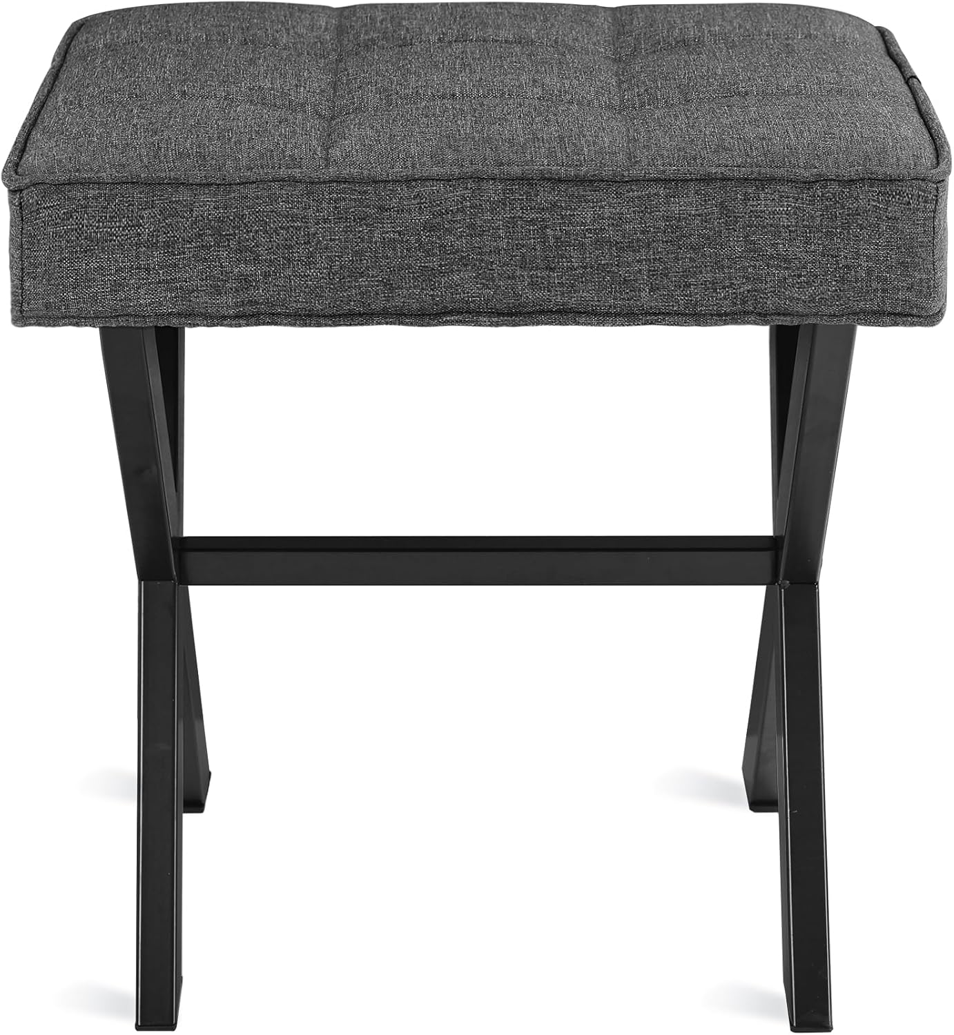 LUE BONA Square Linen Makeup Stool, Metal X Legs, Small Ottoman Stool Chair for Vanity, Modern Padded Seat Foot Rest for Makeup Room, Bathroom