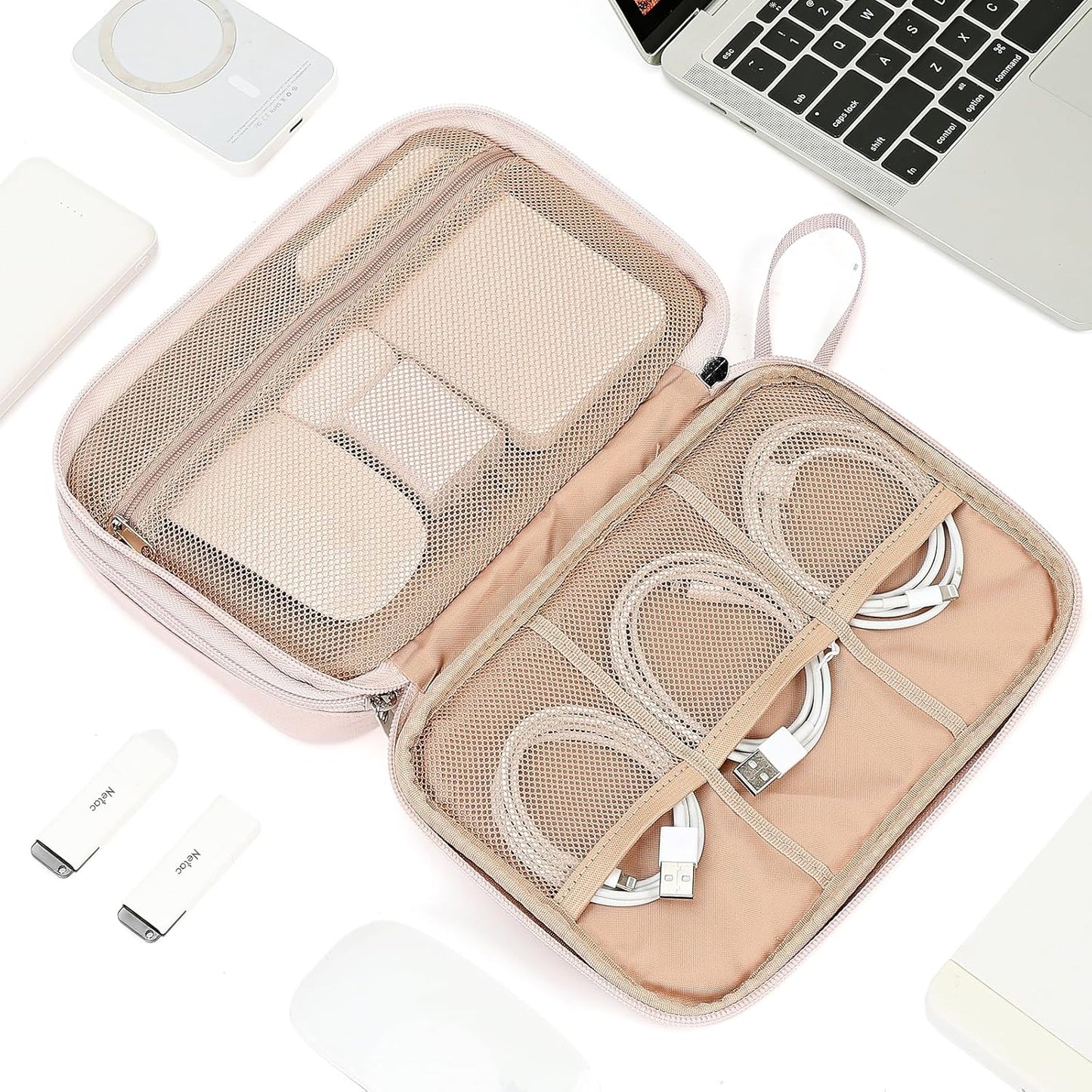 NISHEL Travel Cord Organizer Case, Double Layers Tech Electronic Bag, Essentials for Charger, Cable, Phone, Flash drive, Medium, Pink