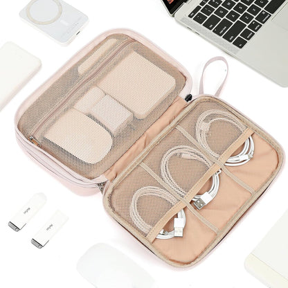 NISHEL Travel Cord Organizer Case, Double Layers Tech Electronic Bag, Essentials for Charger, Cable, Phone, Flash drive, Medium, Pink