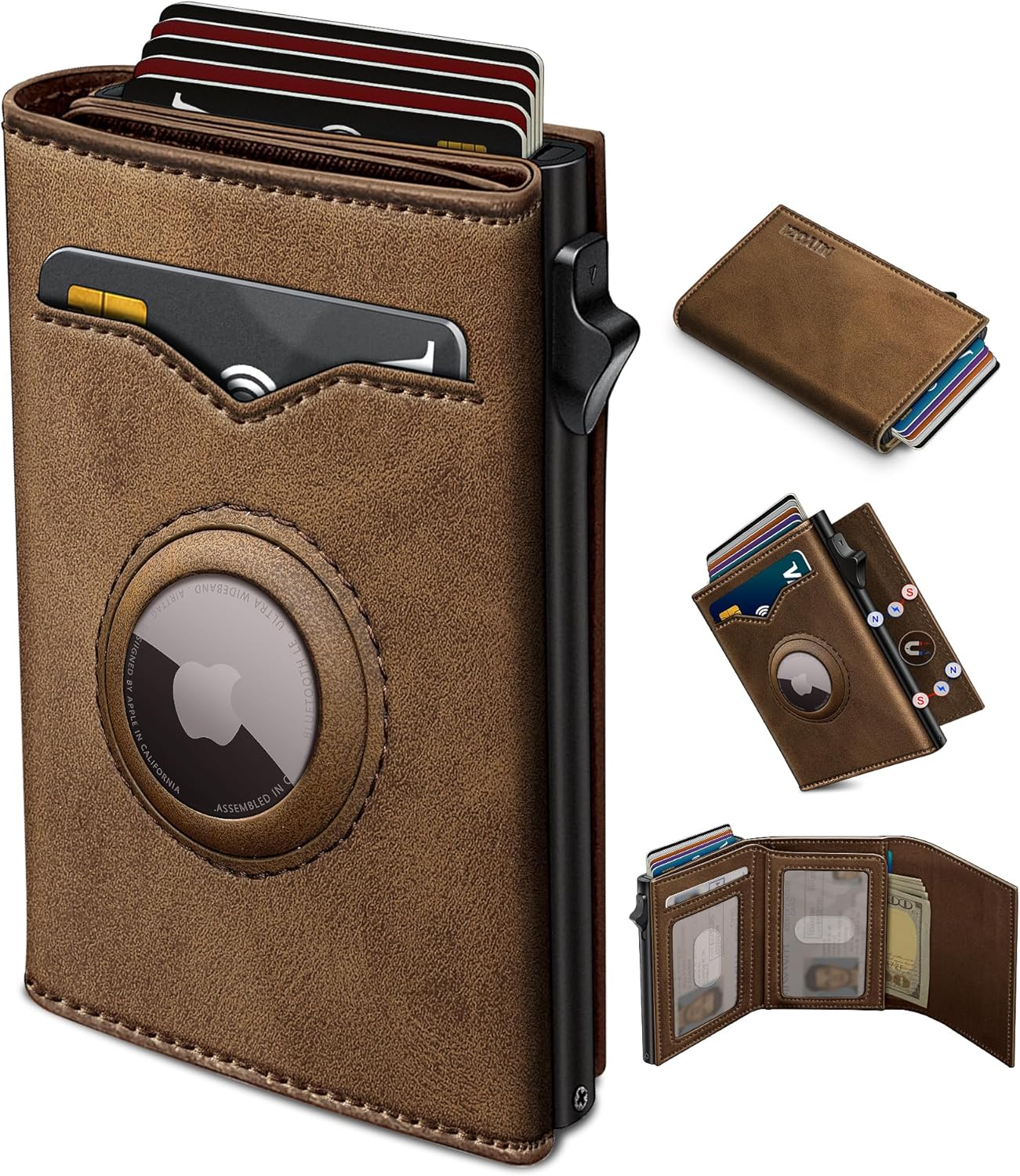 miyozi Airtag Wallet for Men,with Cash Pocket 2 ID Window 9-12 Cards,Metal Case Smart Slim Pop Up Credit Card Holder Flip with Magnetic Closure RFID Blocking Trifold wallet with Gift Box