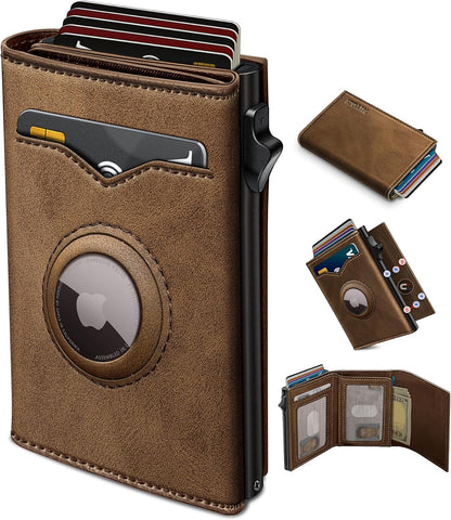 miyozi Airtag Wallet for Men,with Cash Pocket 2 ID Window 9-12 Cards,Metal Case Smart Slim Pop Up Credit Card Holder Flip with Magnetic Closure RFID Blocking Trifold wallet with Gift Box