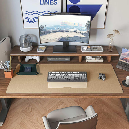 DAWNTREES Dual Sided Desk Mat,Leather Desk Pad,Brown 40"x16",Cork Desk Mat Protector,with PU Leather Valet Tray Organizer,Large Mouse Pad,Desk Writing Pad for Office and Home